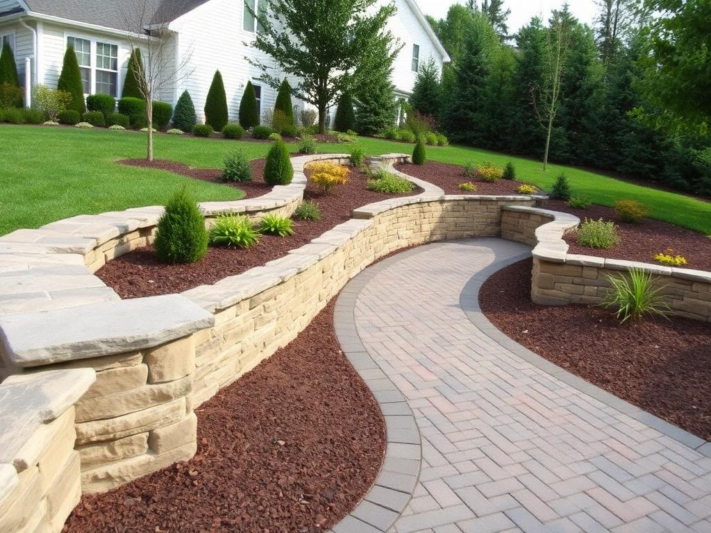Professional hardscaping with paver walkway and stone retaining wall